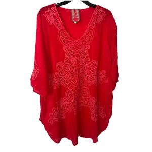Johnny Was Red Eyelet Rayon 3/4 Sleeve Tunic Cover-up Size Large Holidays Top